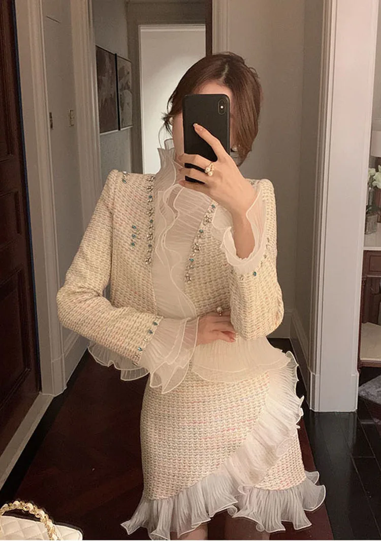 Spring French Royal Style Ruffles Tweed Beaded Short Coat Women's Fashion Elegant High Waist Above Knee Skirt Two-piece Set