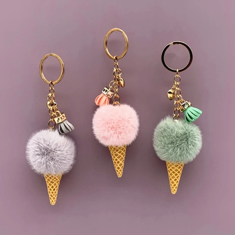 Creative Ice Cream Keychain Plush Pompom Key Chain Keyrings for Women Key Holder Car Bag Pendant Accessories Girls Jewelry Gifts