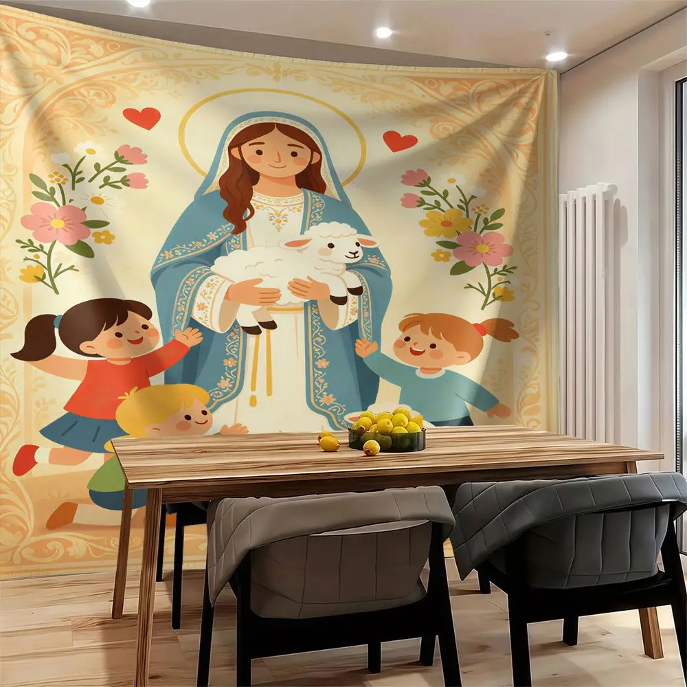 Virgin Mary Lamb Floral Print Tapestry Wall Hanging Tapestries Wall Blanket Backdrop Decor HD Print Religious Wall Decor