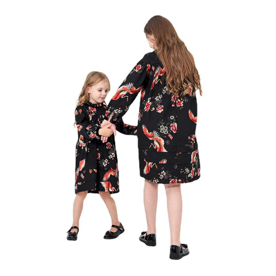 2024 Fall Baby Bird Pattern Family Matching Clothes New Teen Girls Cotton Midi DressGirl Smocked Style Baby Romper, #7700