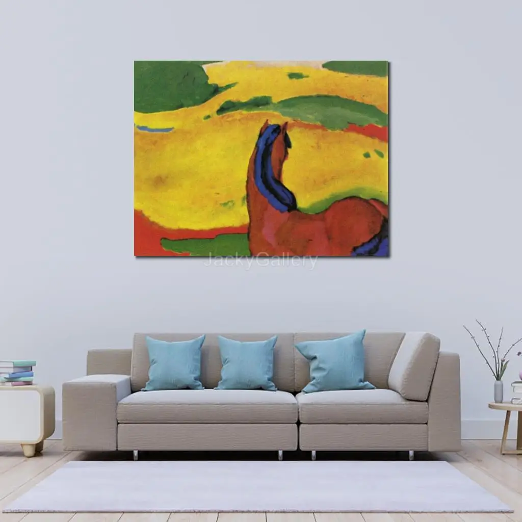 Handmade Painting in Oils Franz Marc Blue Horse Animal Canvas Masterpiece Reproduction Animal for Bedroom Wall Decor