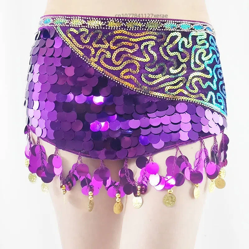Neue Bauchtanz Pailletten Quaste Hüfte Schal Rock Samt Hängen Münze Taille Schal Kupfer Gong Stück Taille Rock Dance Performance