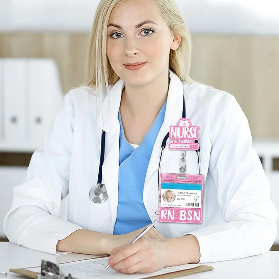 Porta carte di grandi dimensioni RN BSN Badge Buddy XL Bachelor of Science infermiera infermieristica Accessori Glitter Pink ID orizzontale Identifica