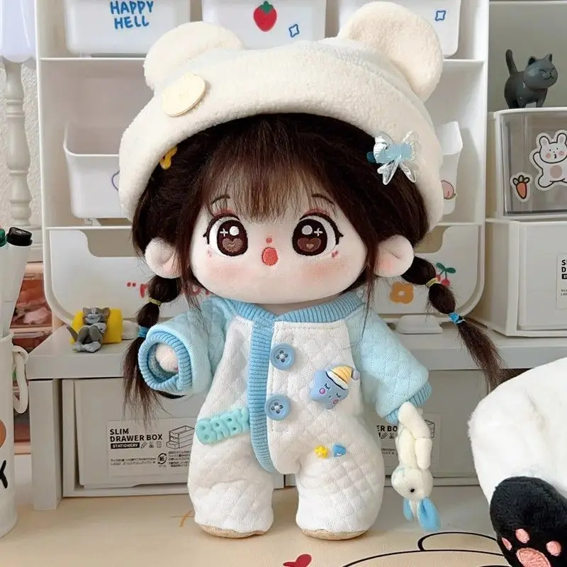 Ropa de muñeca de peluche de 20cm, mono de algodón suave con orejas de oso, traje cálido para muñecas de peluche masculinas y femeninas