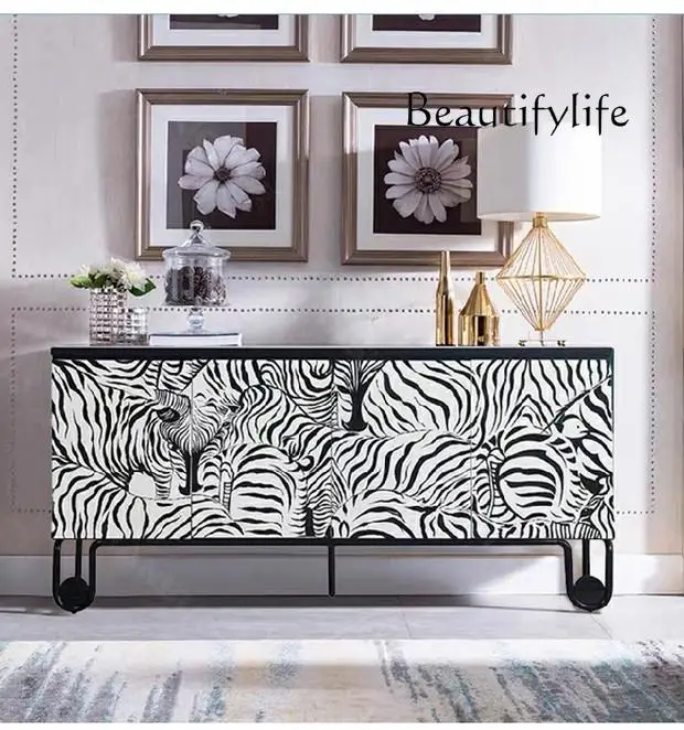 Nordic Light Luxury Art Entrance Cabinet Modern Minimalist Hand Painted Zebra Pattern Designer Model Curio Cabinet