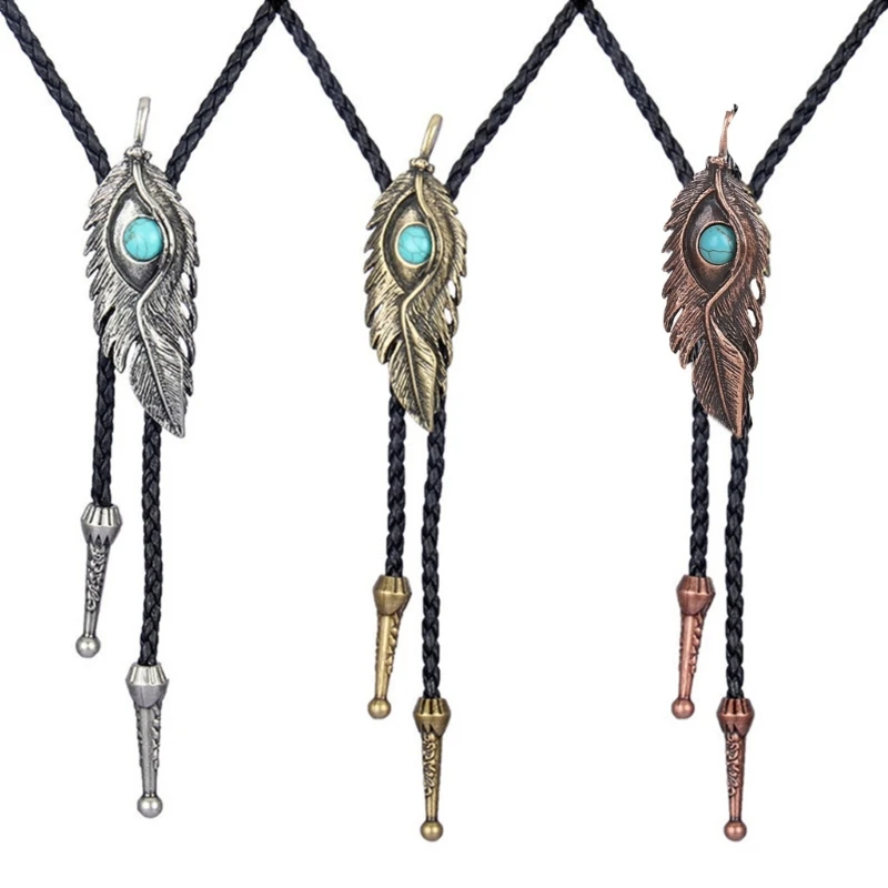 

Braided Shoestring Feather Bolo Tie with Metal Feather Formal Cowboy Necktie Necklace Country Bolo Tie Drop Shipping