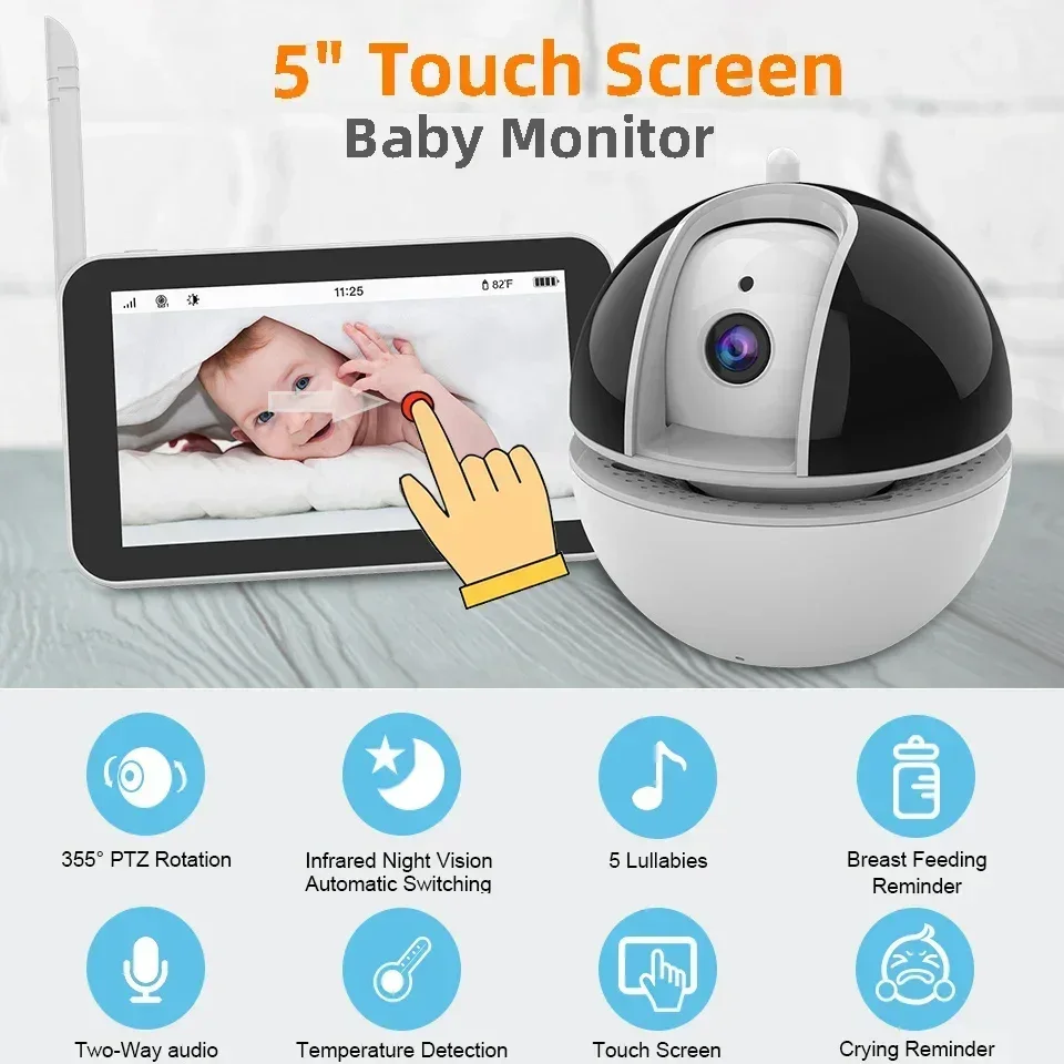 Wireles Baby Monitor Babyphone Security Video Camera Bebe Nanny VOX HD Night Vision PTZ Lullabies Temperature 5'' Touch Screen