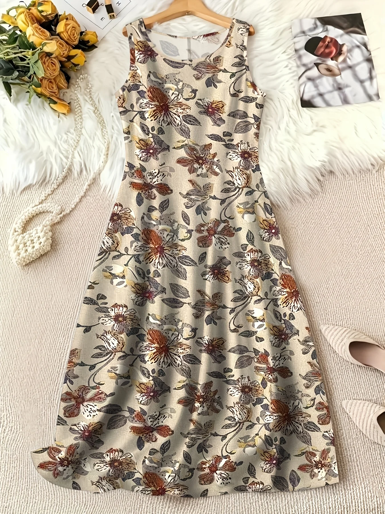 

Elegant plus Size Women's Sleeveless Dress Casual Floral Print round Neck Dress