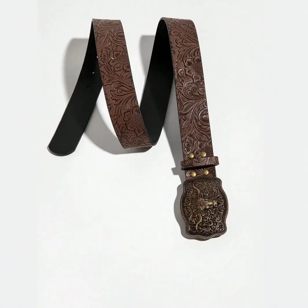 Western Cowgirl Embossed Retro Buckle Leather Belt Set For Women Summer, School Fall, Autumn, Halloween