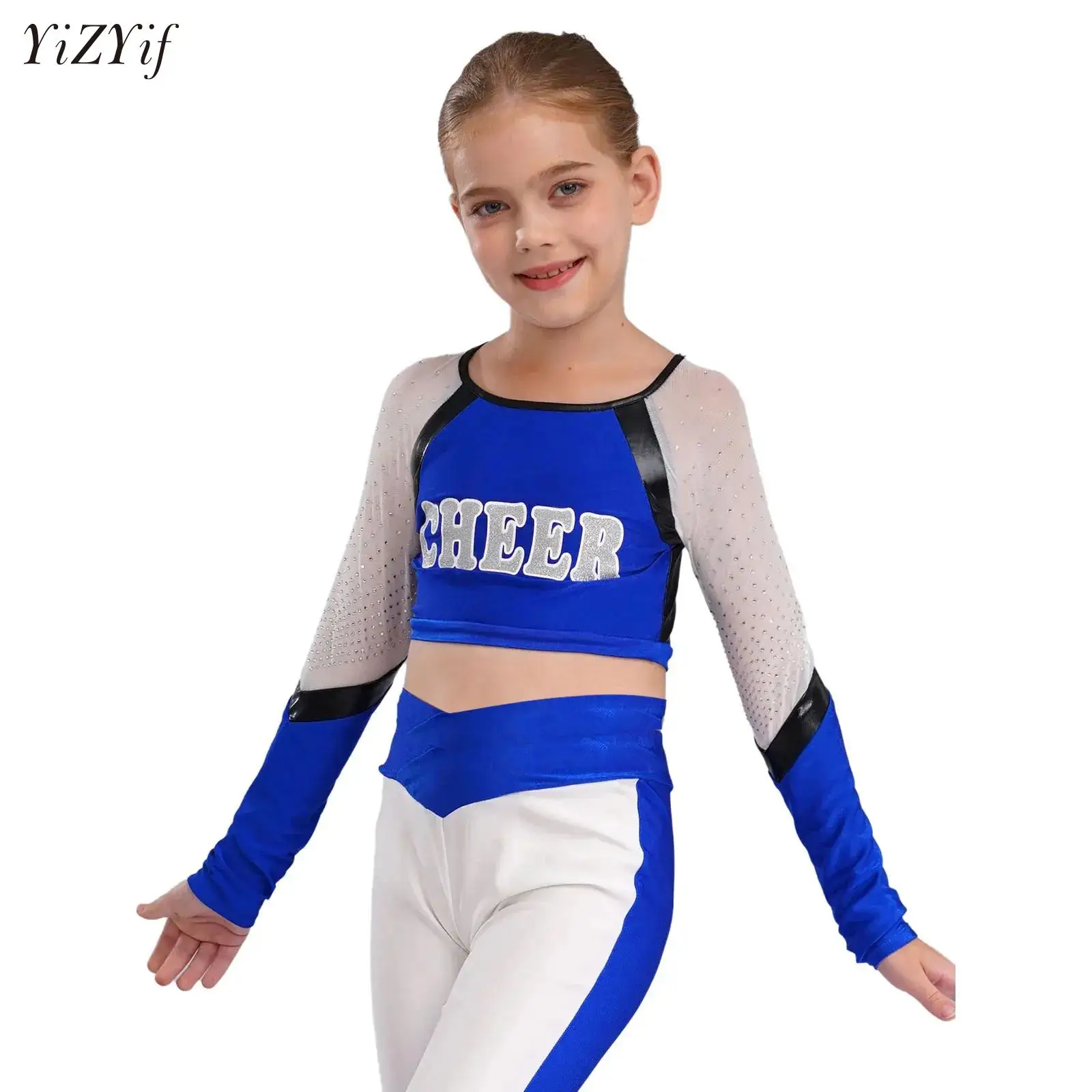 

Kids Child Cheerleader Crop Tops Cheerleading Uniform Shiny Rhinestones Mesh Patchwork T-Shirts School Girls Dancewear Costume