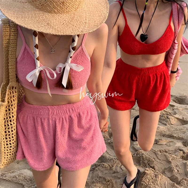 

2024 Fashion Women Bikini Solid Color Swimwear Backless Camisole And Elastic Waist Shorts Three-Piece Hot Spring Swimsuit M-XL