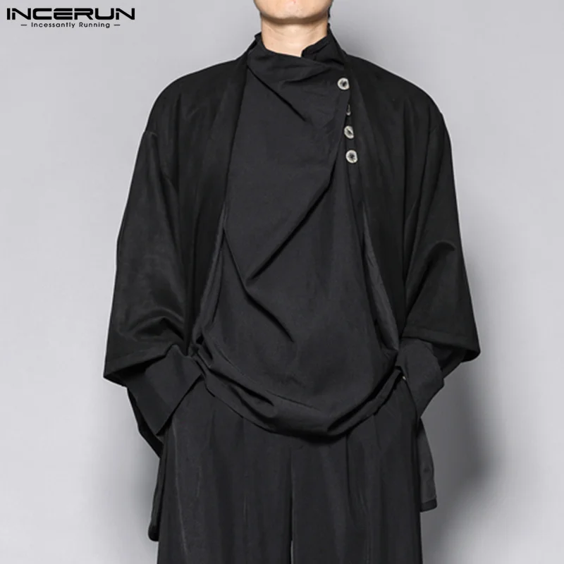 INCERUN Men Irregular Shirt Solid Color Stand Collar Long Sleeve Loose Men Clothing Streetwear 2024 Fashion Casual Shirts S-5XL