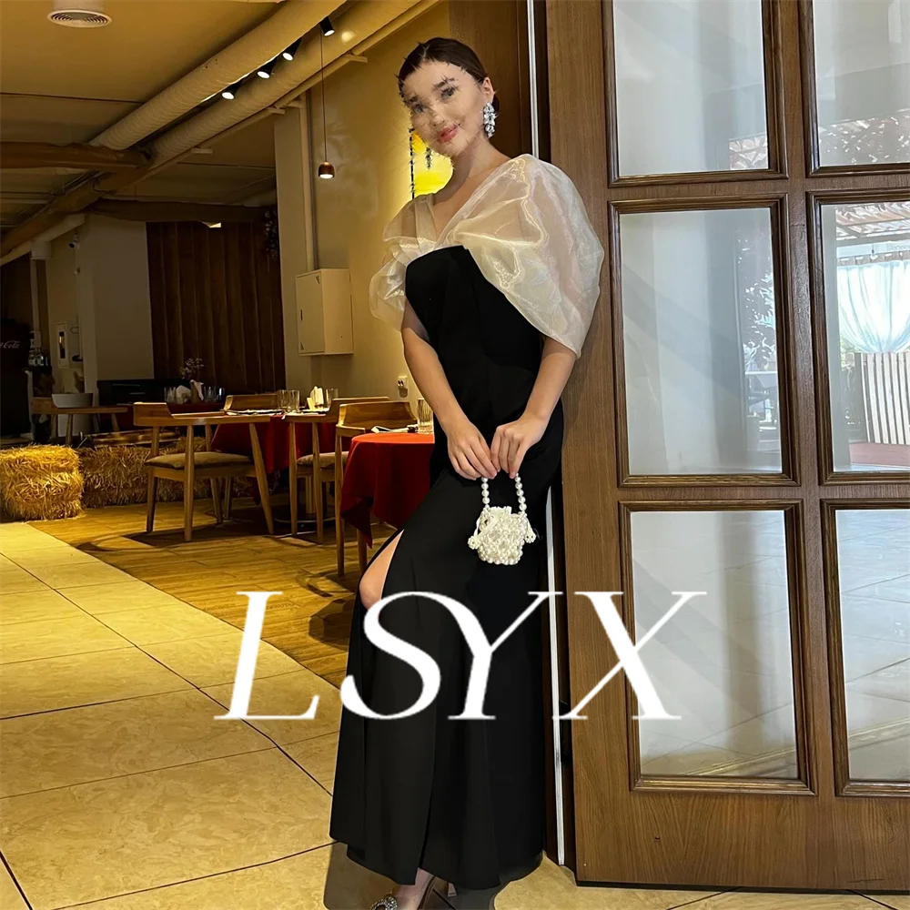 LSYX Off Schulter Crepe Abendkleider Mantel Seite Schlitz bodenlangen Elegante Prom Kleider vestidos de gala mujer Nach Maß