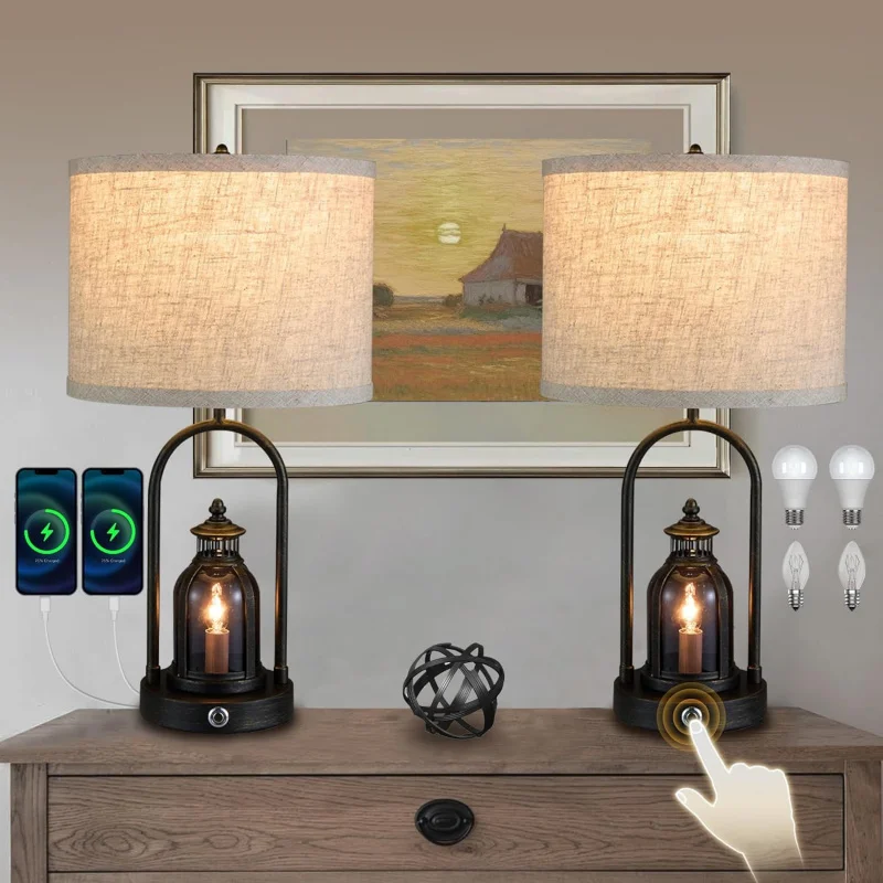 

Rustic Vintage Bedroom Nightstand Beside Desk Lamp with 2 USB Charging Ports,4 Bulbs Included (Black)