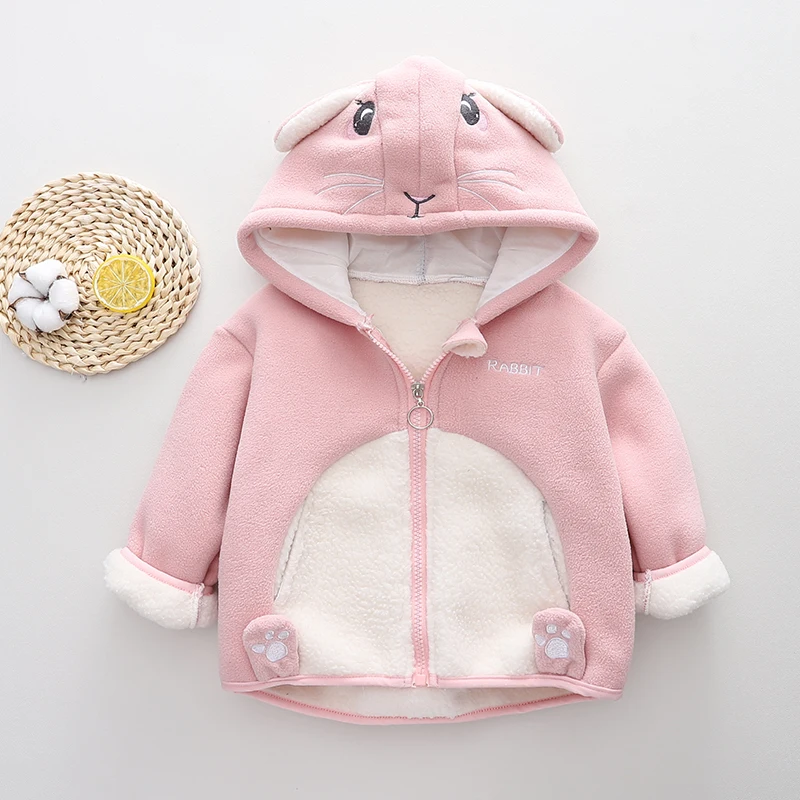 Toddler Girls Bunny Ears Hooded Fleece Jacket Zip Up Winter Warm Coat Cartoon Rabbit Kids Baby Outerwear Clothes 80-120