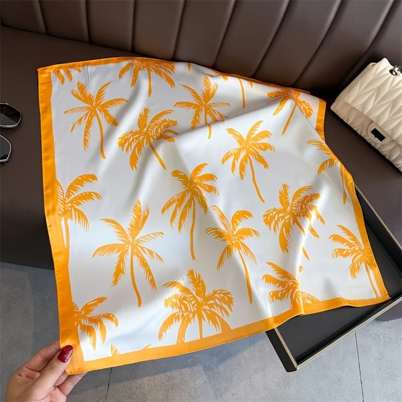 2 pcs Coconut Tree Print Scarf Vacation Vibe Vintage Trim Accessory for Shirts/Dresses Smooth Satin Square Women Gift for Girl
