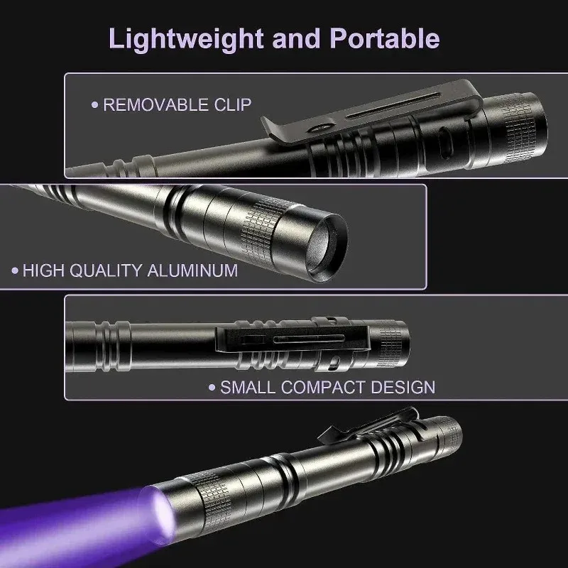 Lanterna LED UV com Pen Clip, Tocha Ultravioleta, Luz Portátil, Luz 365NM, Urina Pet, Detector de Escorpião, Lâmpada UV, E5, 1-2Pcs