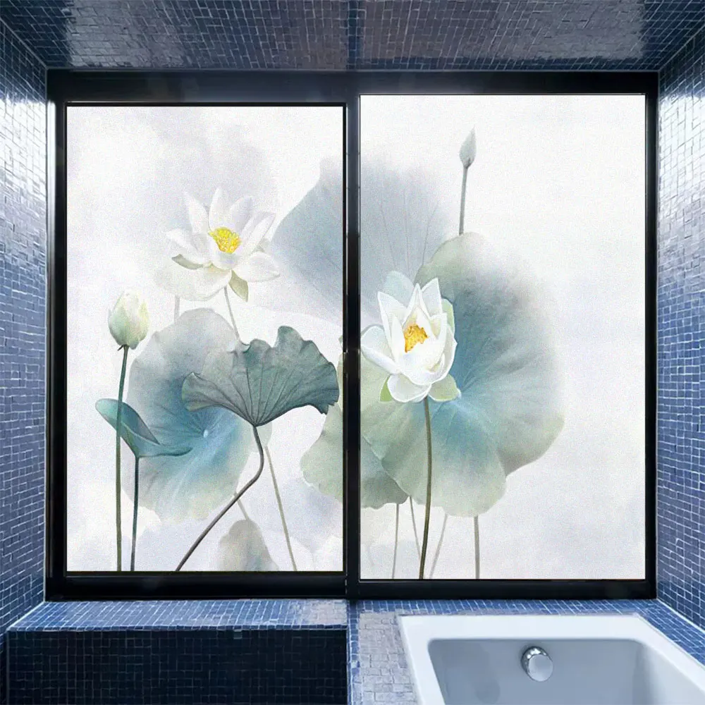 

Privacy Glass Window Film Pvc Lotus Pattern Frosted Sun Blocking Glass Window Film Static Non-adhesive Sliding Door Tint Film