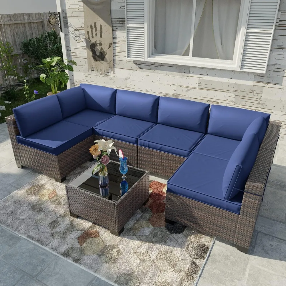 7 Piece Outdoor Furniture Set Patio Sofa Brown Manual Wicker Patio Parlor Set, 1 Tempered Glass Coffee Table and Cushion Cover