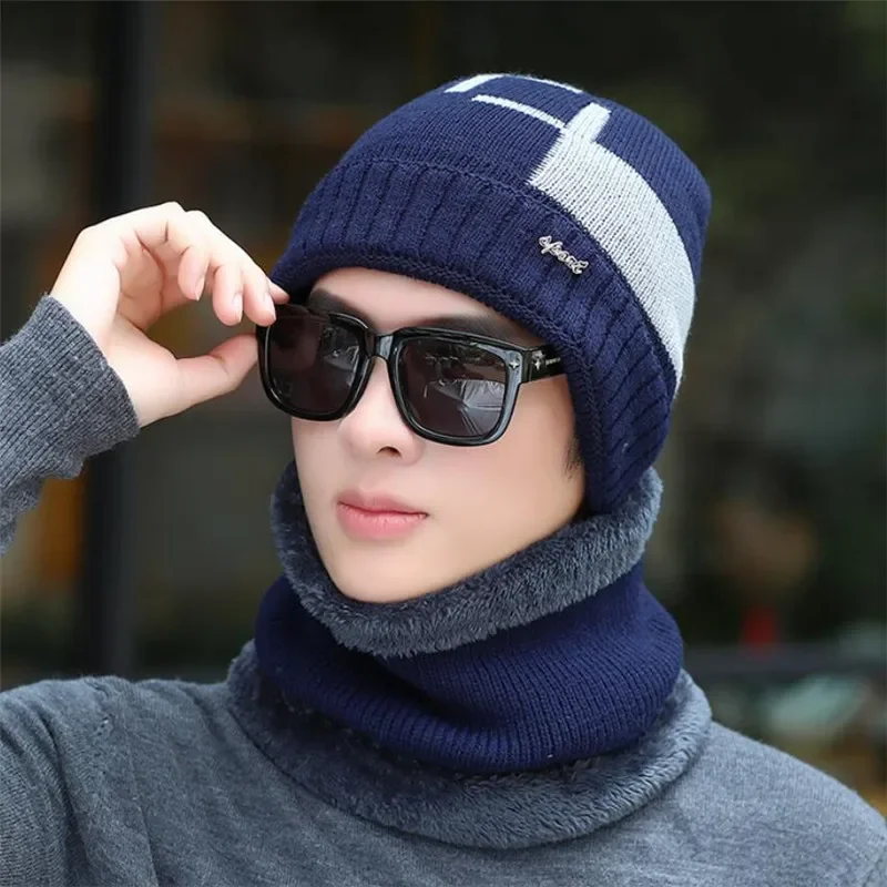 Chapéu de inverno masculino e cachecol homem quente malha chapéu de pelúcia 2 pçs conjunto 2019 masculino retalhos gorros boné com anel cachecóis