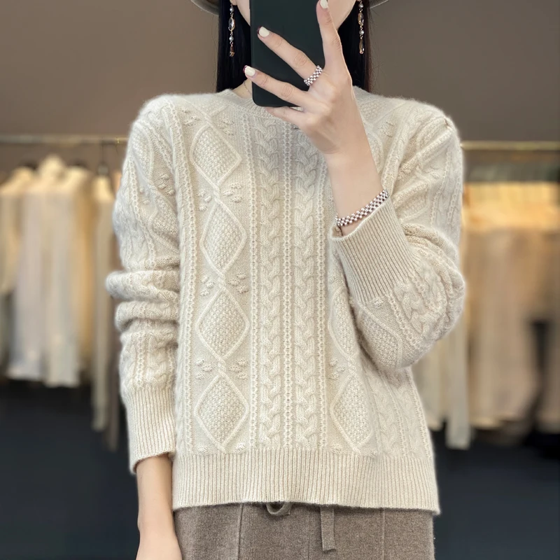 

Australia 100% Wool Women's Sweaters Long Sleeve Pullover O-Neck Collar Knitted Jacquard Warm Outerwear Jumper Cashmeres Fashion