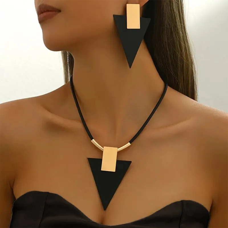 2PCS Geometric Rectangular Inverted Triangle Two-Color Spliced Pendant Earring Necklace for Women Trend Exaggerated Set Jewelry