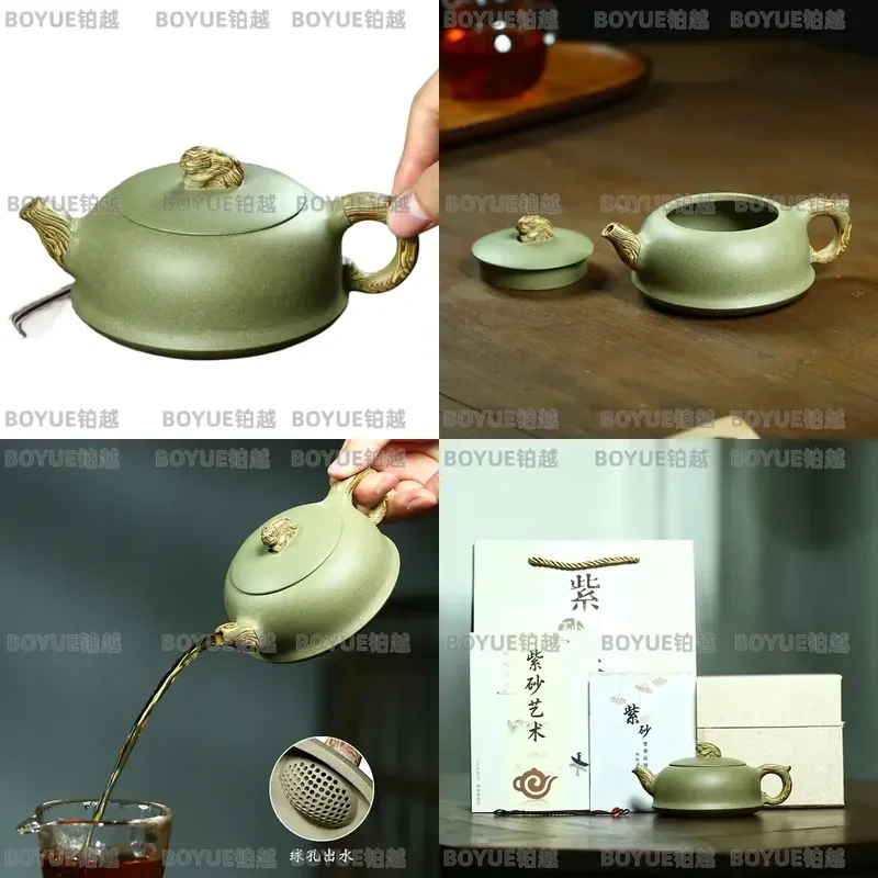 Authentic Yixing Purple Clay Teapot Handmade Pillar Base Bean Green Twisted Mud Kung Fu Tea Brewing Pot Single Vessel Set