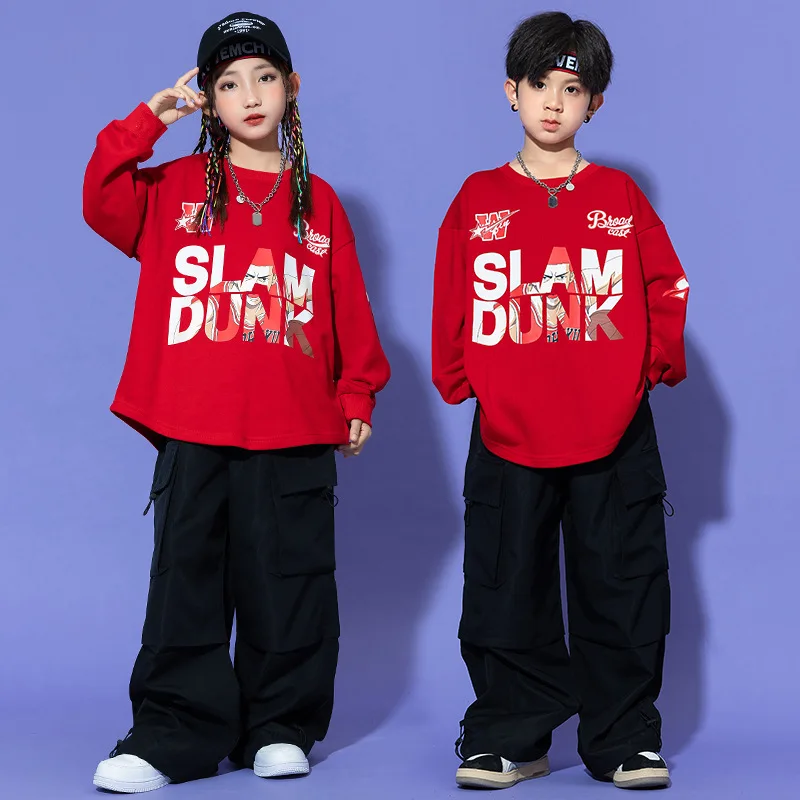 Kid Hip Hop Clothing Red Letters Sweatshirt Top Black Casual Wide Pockets Cargo Pants for Girl Boy Jazz Dance Costumes Clothes