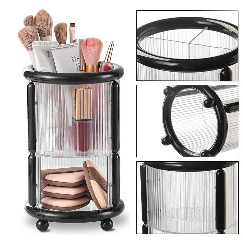 2 Tier Clear Cosmetic Brushes Tools Organizer Desktop Round Makeup Brushes and Sponge Puff Storage Box for Vanity Countertop