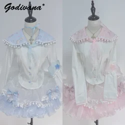 Original Handmade Pink Blue Tiered Skirt Lolita Sweet Girl Women's Large Sailor Collar Shirt Super Fairy Gauze Cake Skirt Suit