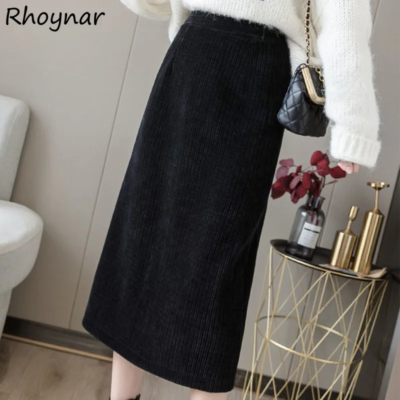 

Skirts Women Thicken Winter Empire Black Cozy Ladies Office All-match Feminino Korean Style Bottoms Daily Street Side Split Ins