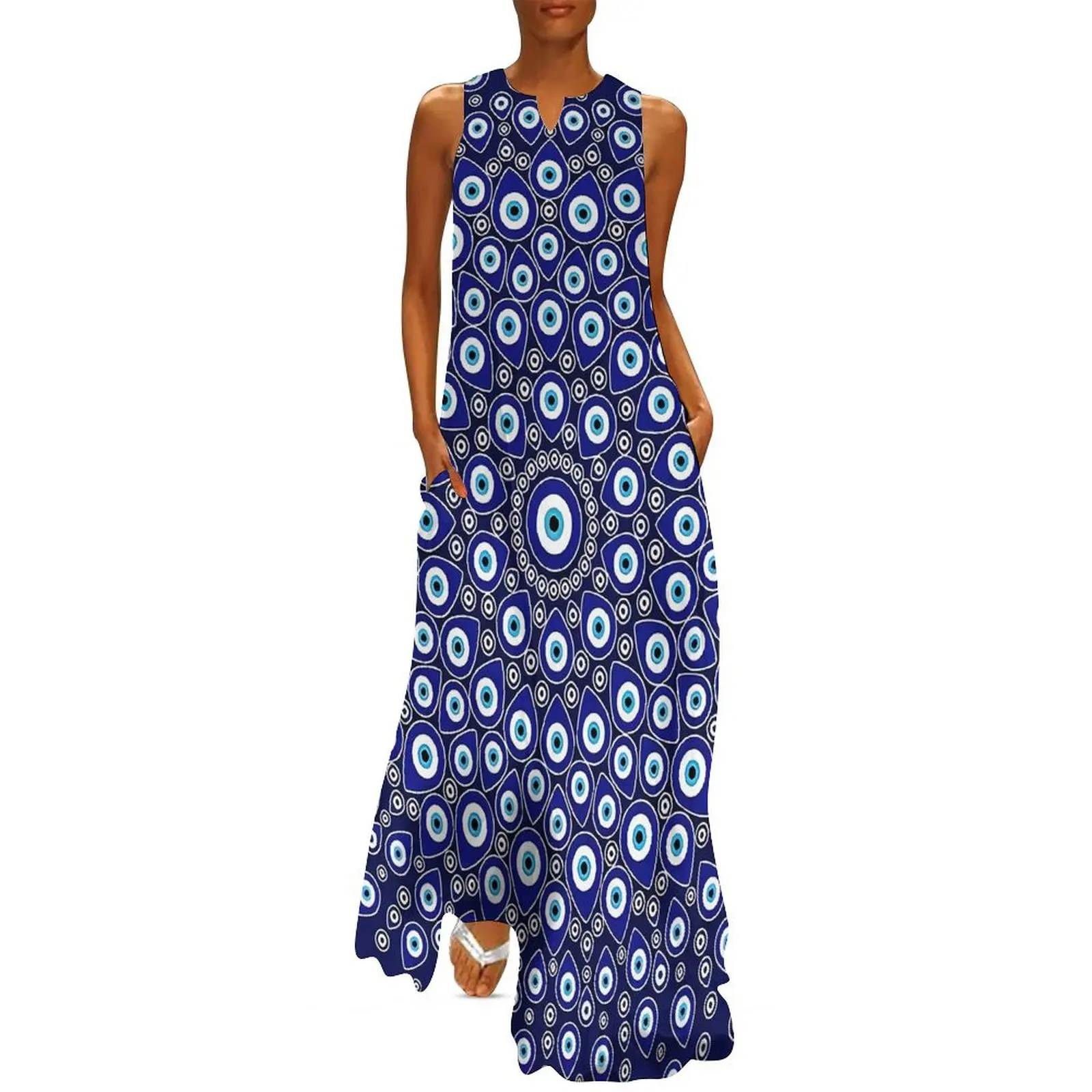 Evil Eye Print Dress Nazar Eye Circular Party Maxi Dress Fashion Boho Beach Long Dresses Female Sleeveless Oversized Vestido