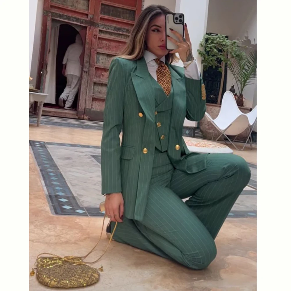 Luxury Green Striped Women Suit Double Breasted 3 Piece Jacket Vest Pants Female Clothing Slim Fit Formal Office Lady Blazer Set