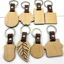 Blanks Wood Leather Keychain For Women Men Geometric Round House Leaf Wooden Key Chain Car Bag Keyrings Accessories