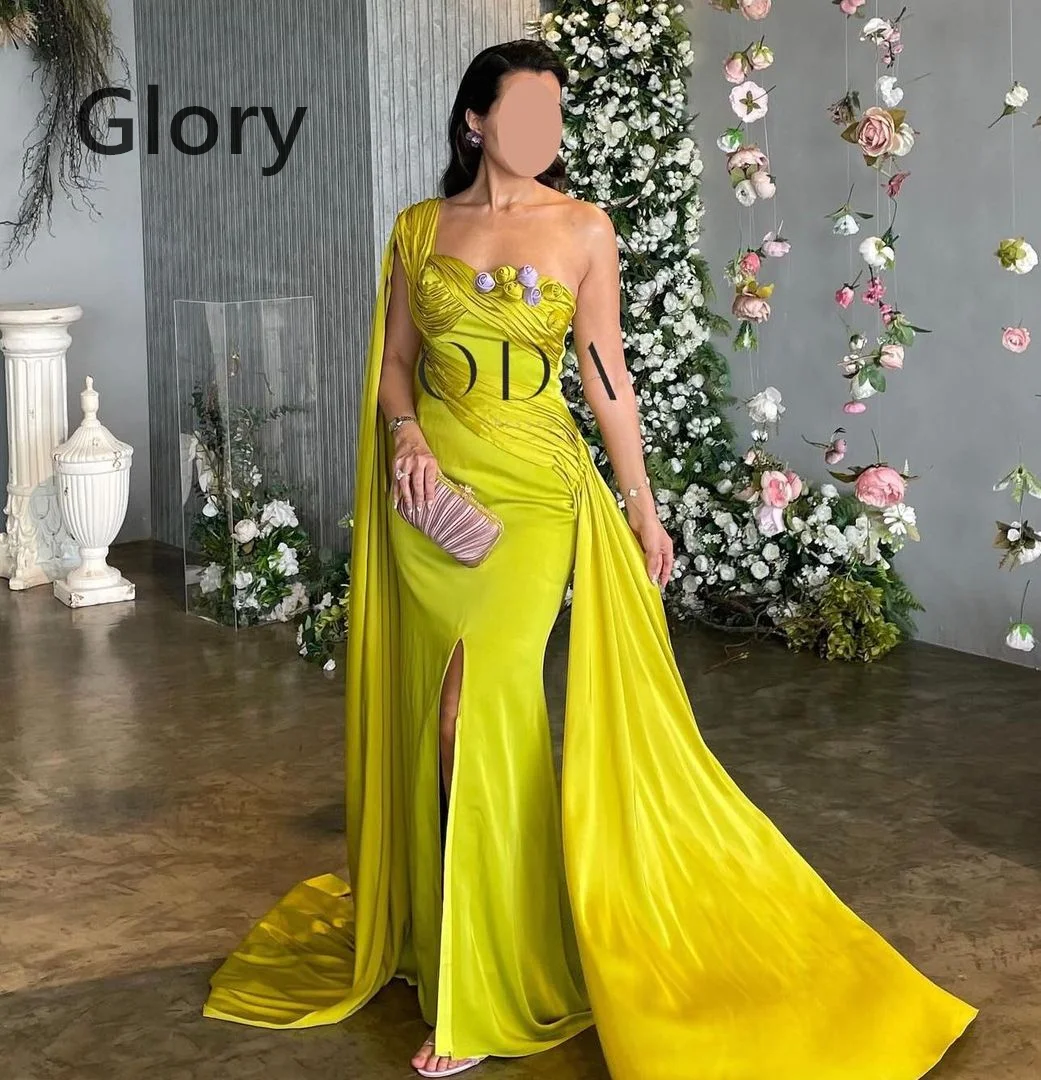 Flowers Strapless Prom Dresses Gala One Shoulder Evening Dress Yellow Applique High Side Split Saudi Arabia Formal Party Dress