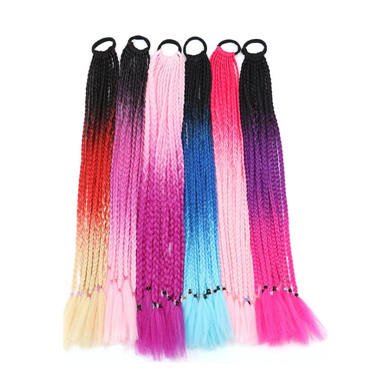 24inchSynthetic Gradient Color Dirty Braided Ponytail with Elastic Hair Band Rubber Band Colorful Wigs Ponytail Hair Accessories