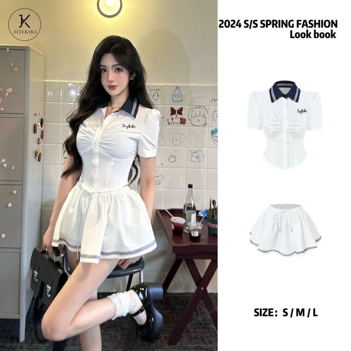 College Style women's Summer color-block Polo Collar waist-cinching Shirt Women high-waisted Slimming Short Skirt Set