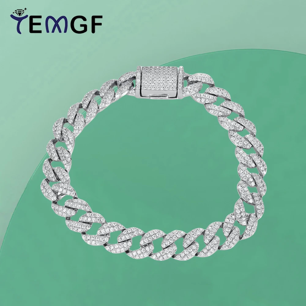 

TEMGF 925 Sterling Silver Cuban Chain 8.8mm Width Full Zircon Inlay Fine Jewelry for Women Men Hip Hop Trendy Accessories