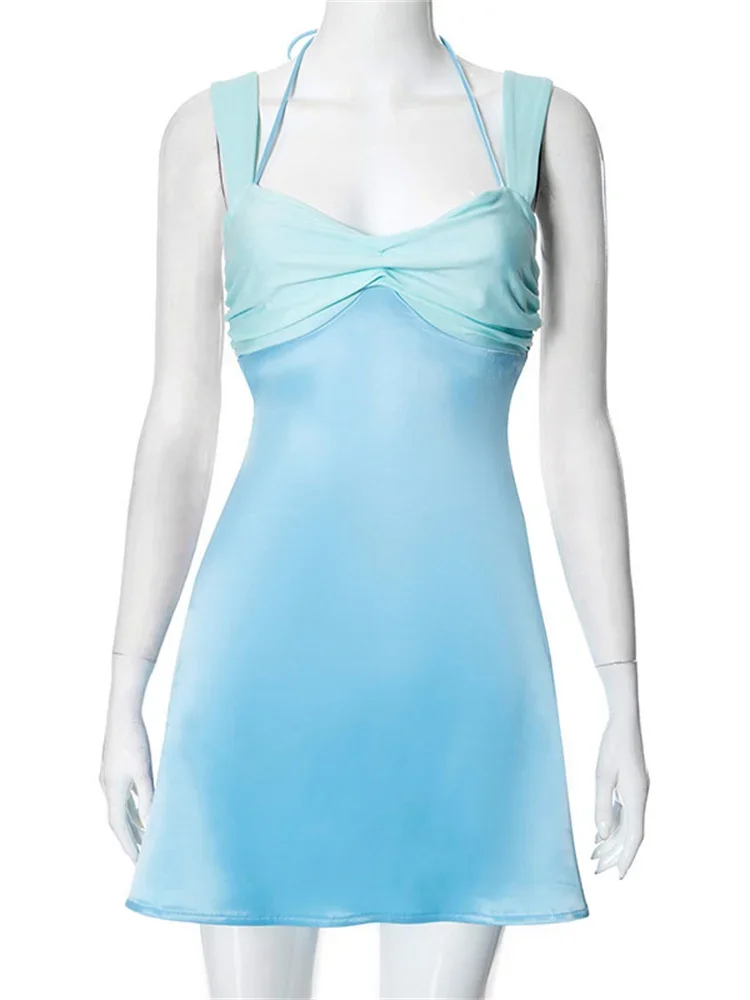 Chaxiaoa Satin contraste mode Mini robe femmes été 2025 col carré Patchwork mince robe élégante femme Y2k robe à lacets