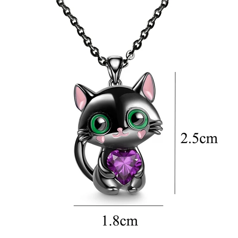 Cartoon Purple Heart Crystal Black Cat Pendant Necklace For Women Men Boys Girls Jewelry Accessories