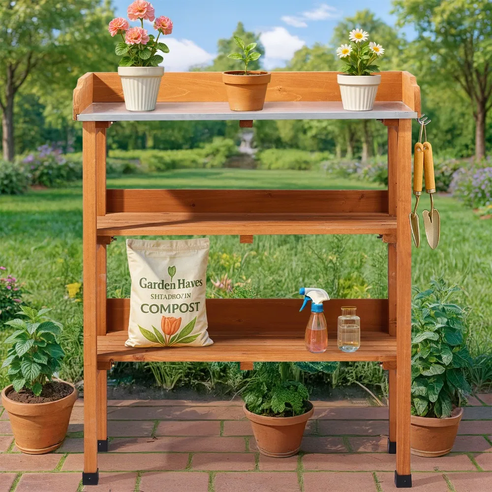 

Outdoor Garden Potting Table, 2 Storage Shelves, 3 Hooks, Natural Wood,Outdoor Garden Potting Table