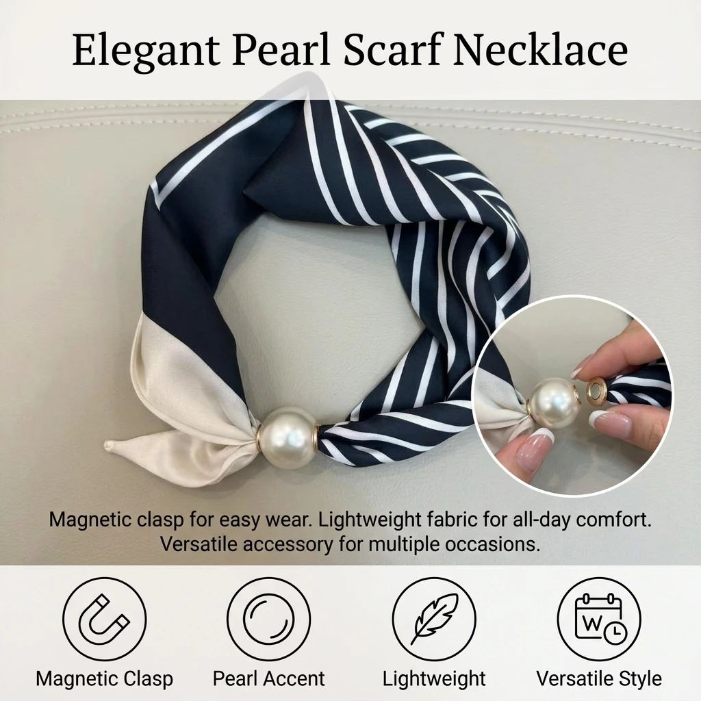 Pearl Silk Scarves For Women Ties Magnetic Clasp French Retro Silk Feel Neck Bows Jewelry Elegant Adjustable Summer bech scarves image 6