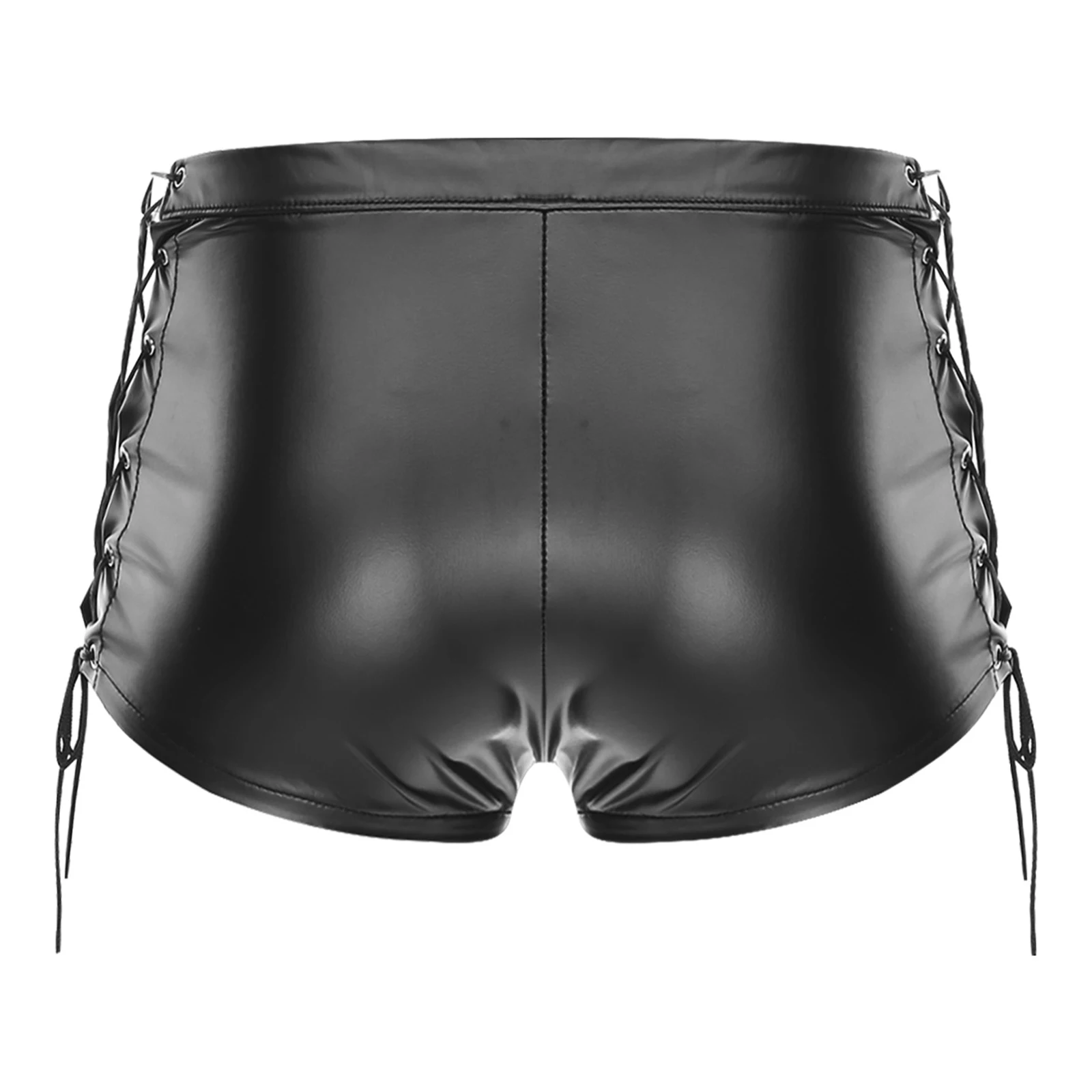 Mens Gothic PU Leather Latex Shorts Both Sides Lace-up Star Rivets Openable Pouch with Buttons Hot Pants Boxer Shorts Clubwear