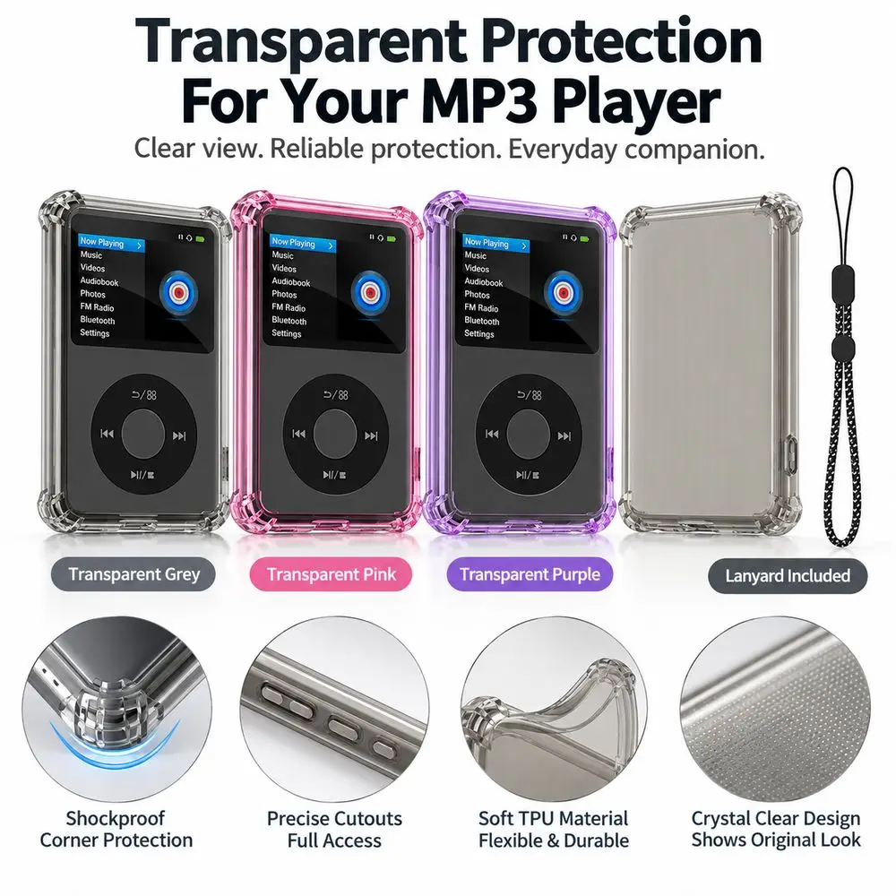 Transparent Protective Case Shockproof with Lanyard MP3 Player Cover Anti-Scratch Soft TPU for Innioasis Y1 MP3 Player