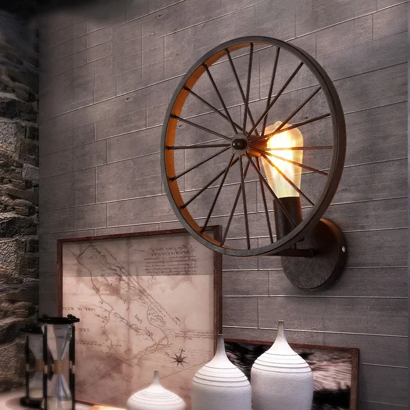 Industrail Vintage Iron  Wheel Wall Lamps Indoor Wall Lighting Fixture for Living Dinning Room Home Lighting Edison Bulb