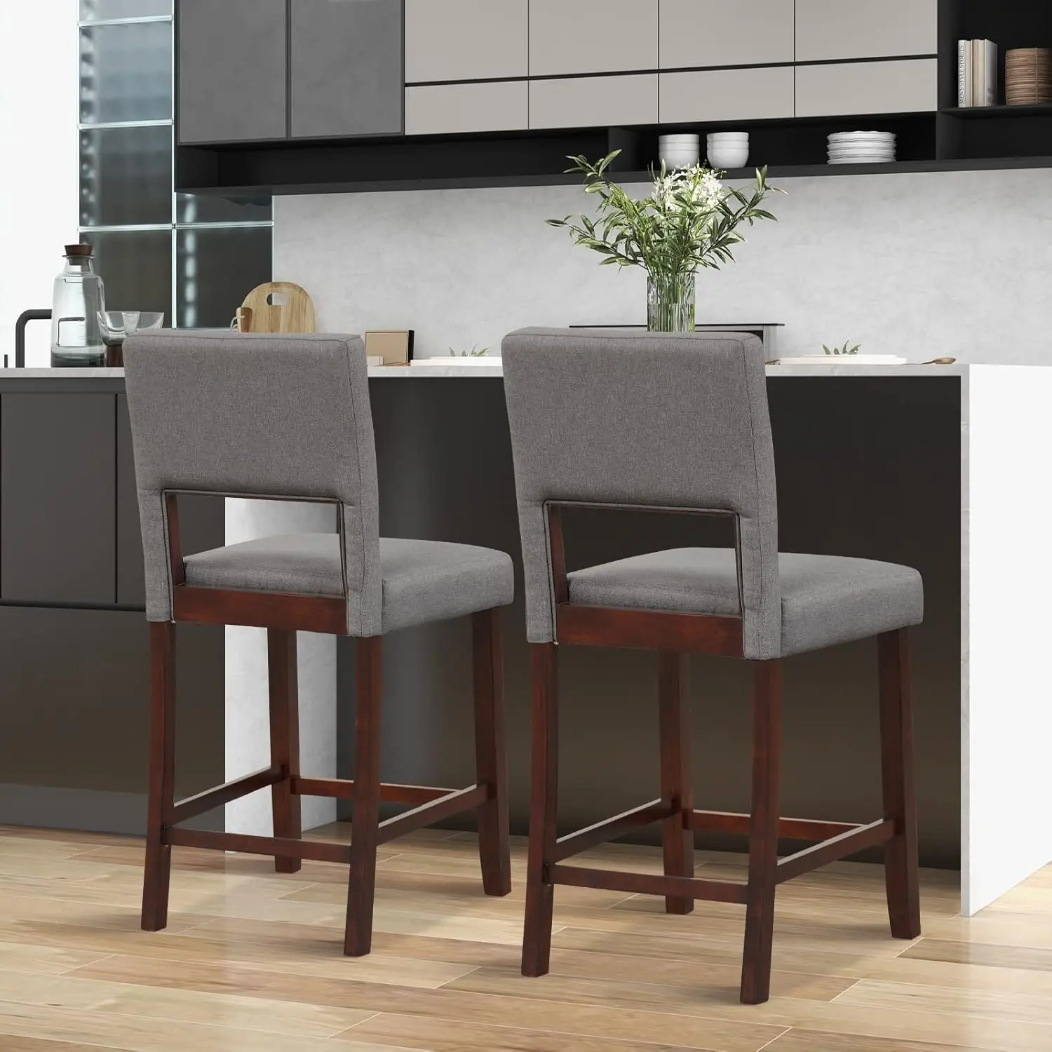 Costway Bar Stools For Kitchen Island, Linen Counter Height Chairs With Hollowed Backs, Rubber Wood Legs, Upholstered Bar