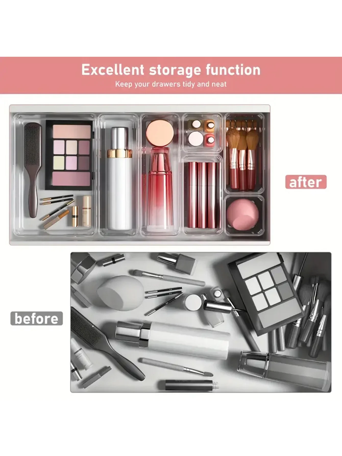 مجموعة تنظيم الأدراج البلاستيكية الشفافة مكونة من 44 قطعة، منظمو مقسم أدراج المكتب، صناديق تخزين للمكياج والمجوهرات والأشتات، ملحقات المنزل