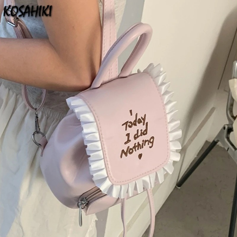 

Sweet Y2k Aesthetic Girls Letter Embroidery Preppy Schoolbags Women Students All Match Ins Fashion Ruffled Chic Mini Backpacks