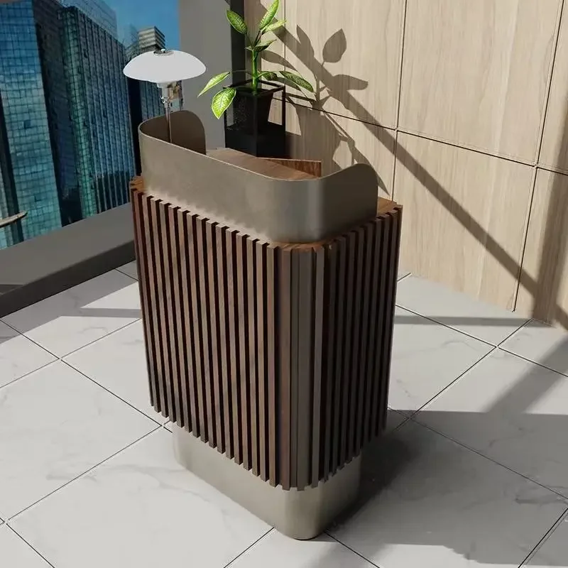 Simple Restaurant Welcome Desk Company Front Desk Wood Grille Stainless Steel Hotel checkout page
