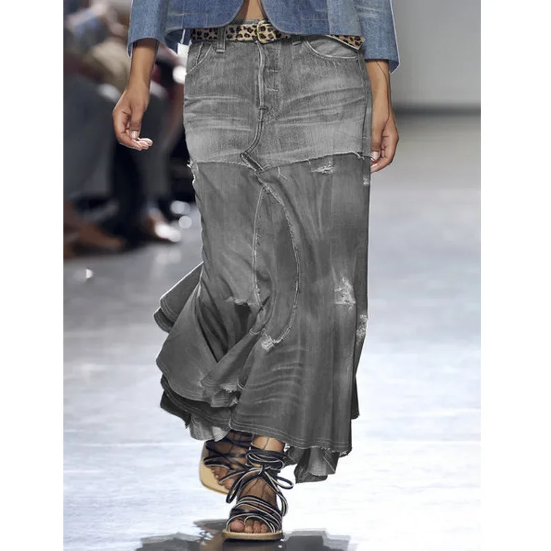 Denim Jeans Women Long Skirt KALENMOS Stretch Vintage Loose Slim Fit Blue Club Streetwear Cotton Sexy Harajuku Skirts